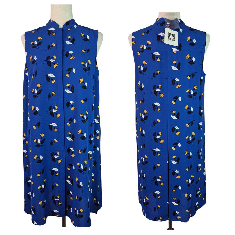 Anne Klein Blue Yellow Sleeveless Hidden Button Sheath Dress NEW Small